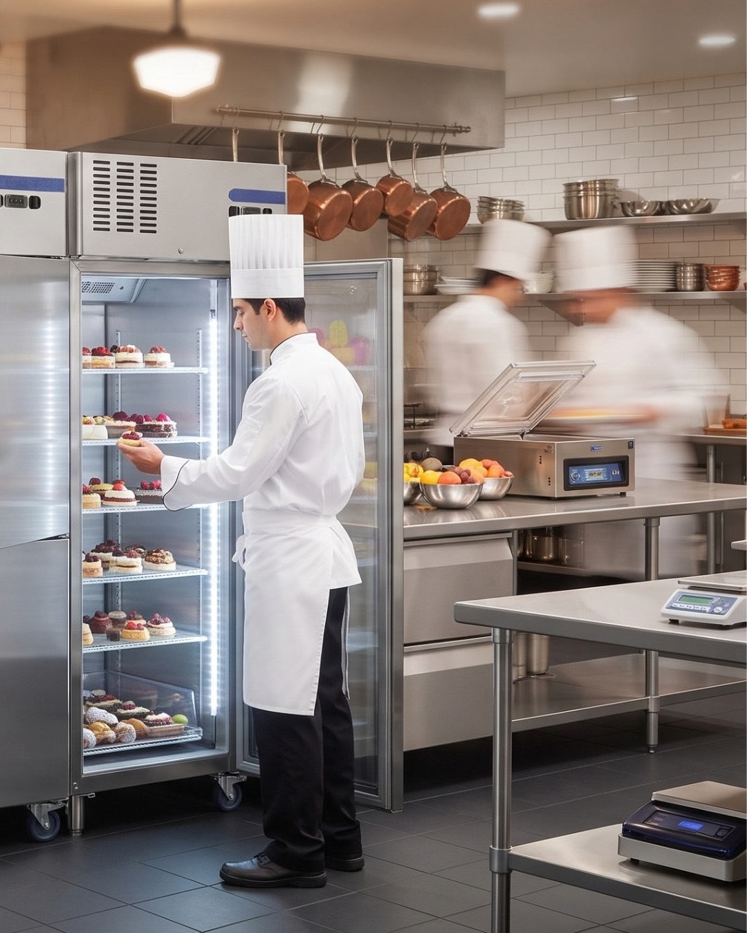 Chef stocking an upright commercial refrigerator