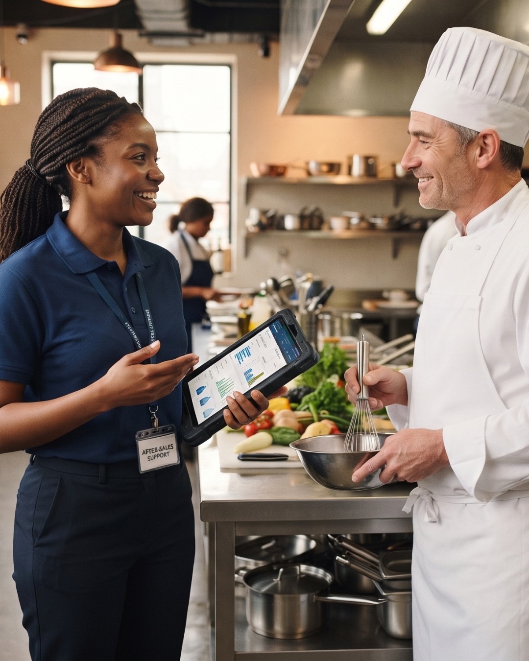 Support technician reviewing equipment with a chef